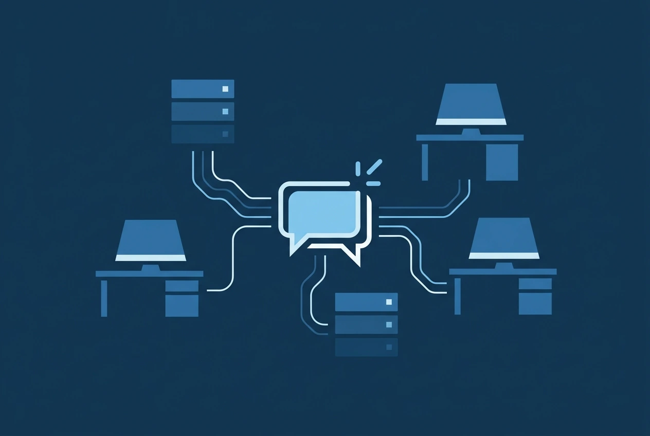 Puestos de trabajo y servidores conectados por líneas a un asistente de inteligencia artificial central.