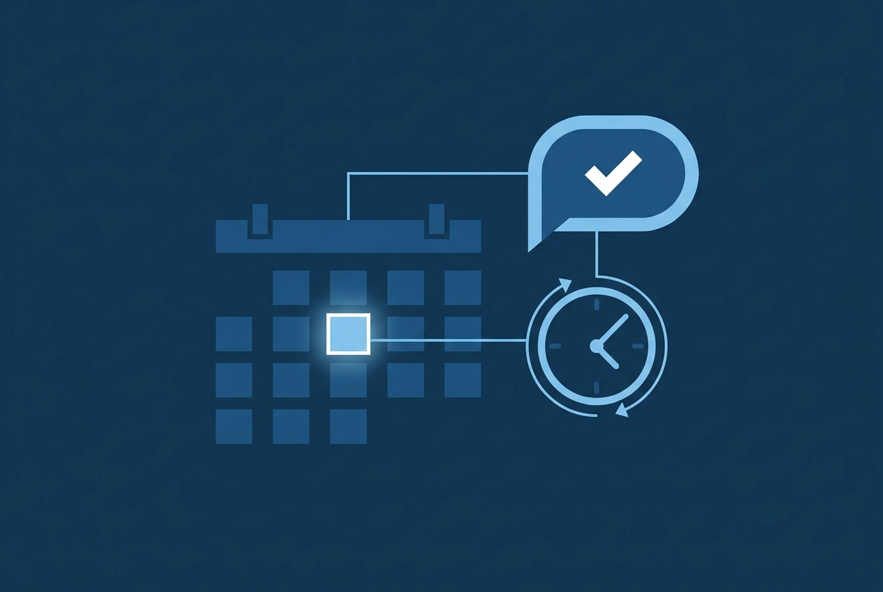 Calendario con un día reservado, un reloj y una burbuja de confirmación de turno.