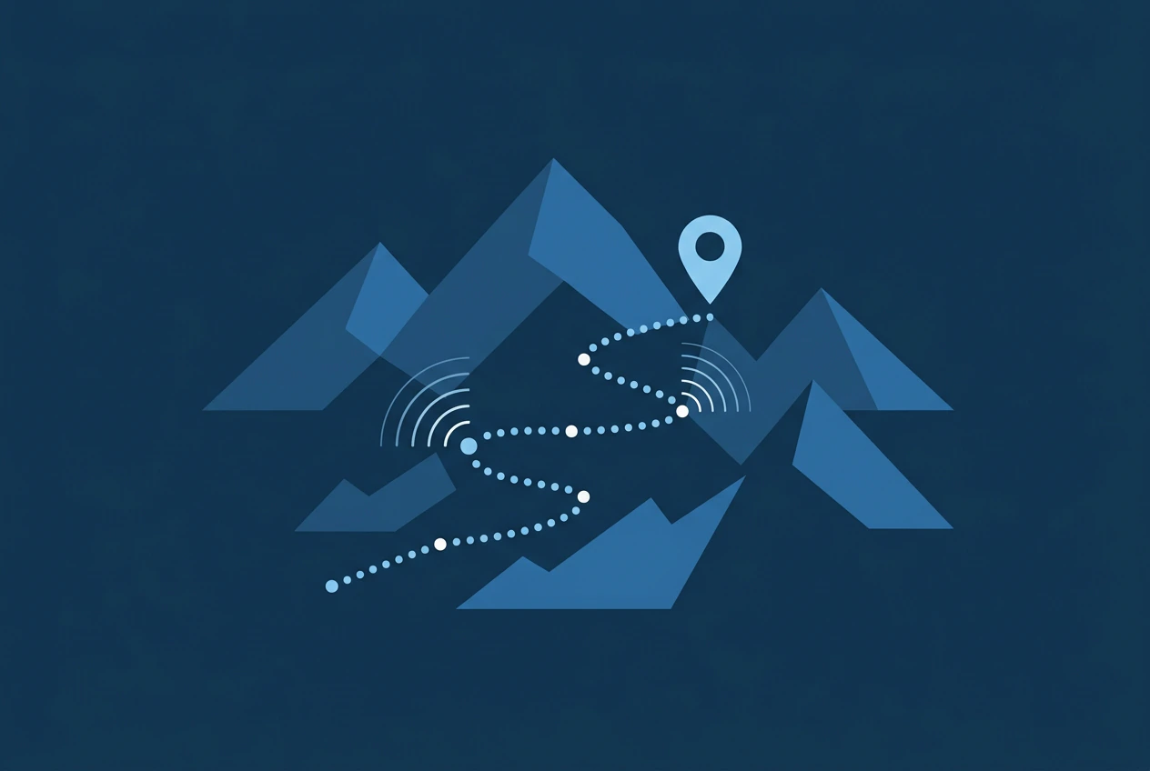 Cordón montañoso con un recorrido punteado, un pin de ubicación y señales de seguimiento.